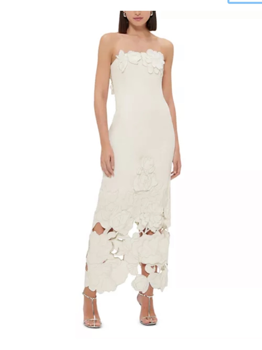 Strapless Cream Floral-Appliqué Midi Dress by